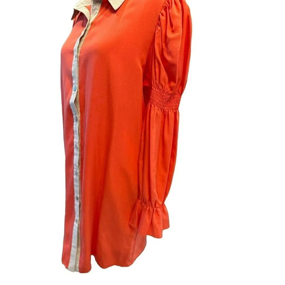 Margo Baridon Sienna Mini Shirt Dress Size Small Orange Puff Sleeve $298 - Picture 8 of 14